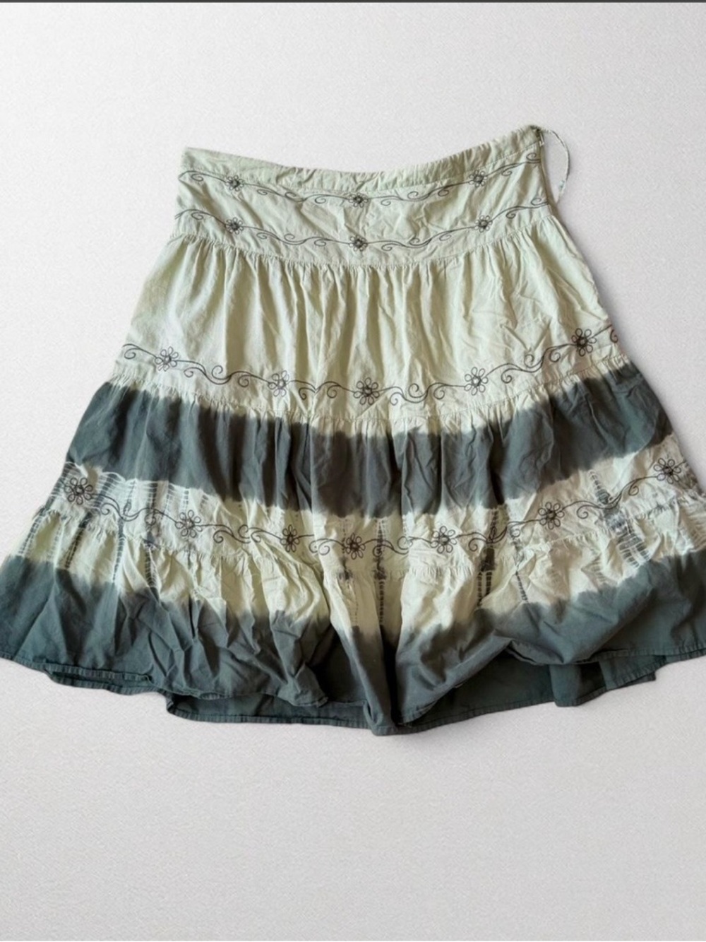 Tiered Floral Midi Skirt in Sage and Dark Green Sequin Embroidered Details